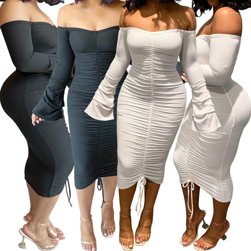 

Casual Dresses Women Ruched Sheath Dress, Adults Off-shoulder Solid Color Boat Neck Flare Sleeve 1-piece With Drawstring