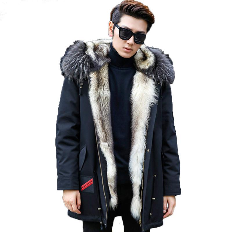 

Men's Leather & Faux Winter Jacket Real Wolf Fur Coat Men Parka Homme Racoon Collar Luxury Parkas Plus Size Manteau Hiver KJ1155, Navy blue