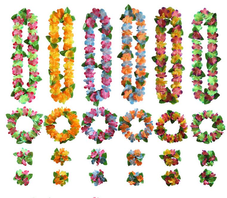 

Hawaiian Artificial Flowers leis Garland Necklaces Flower DIY Fancy Dress Accessories Headband Necklace Bracelet 4pcs/set Hawaii Beach Party Decoration, As the pics showed