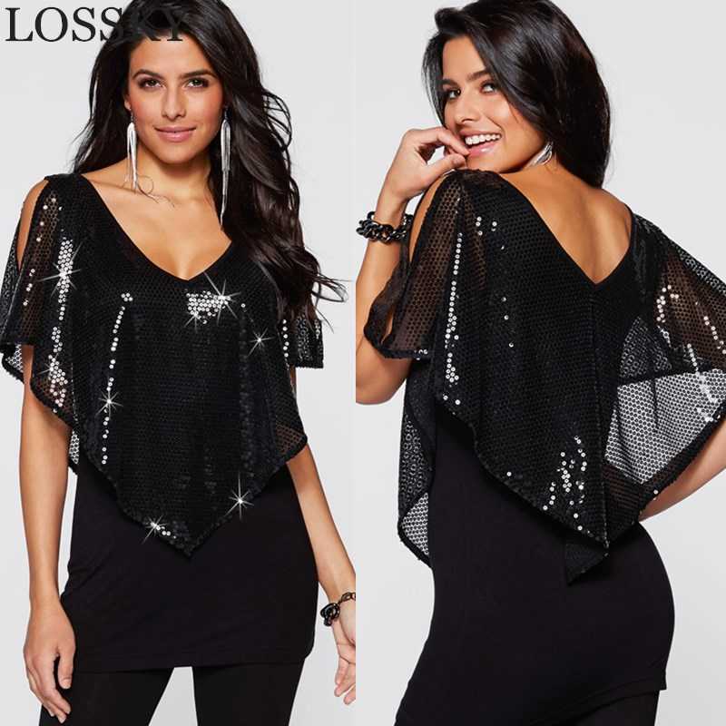 

Summer Sequin Blouse Women Casaul V Neck Off Shoulder Shawl Ruffles Sparkle Glitter Ladies Tops Shirt Camisetas Ropa Mujer 210721, Gray