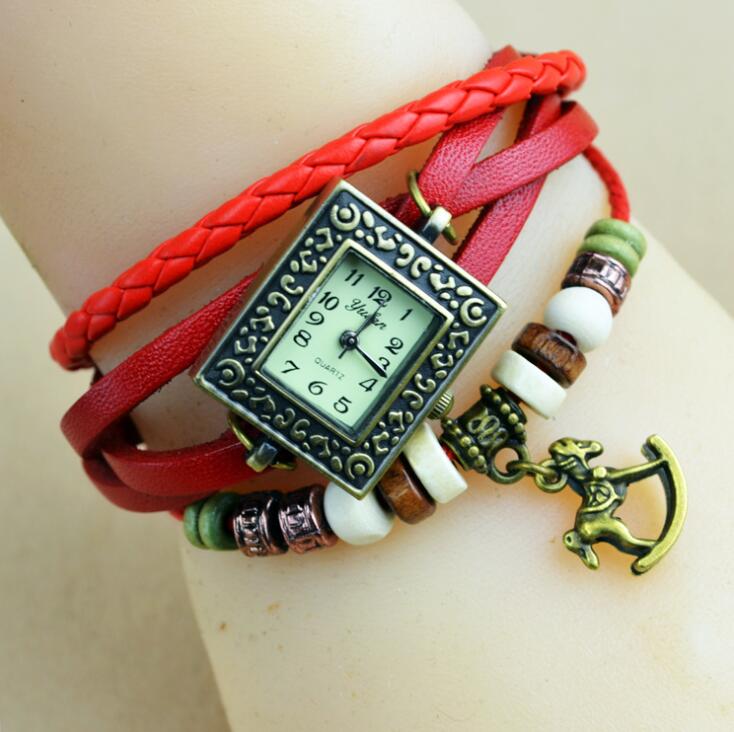 

Fashion Clock whirligig tag Square Quartz Watch Vintage Leather steel horse Watches Charm cockhorse pendant Weave Rope strap Ladies Timer, Leave a message about color
