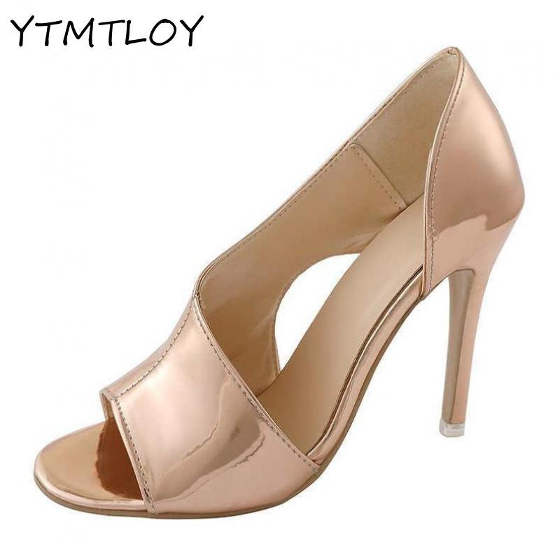 

Sandals Ladies' Lightweight High Heels Patent Leather T-strap Open Toe Dress Lace Buckle Simple Celebrity Party, Black