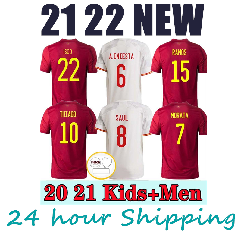 

20 21 SpAiN soccer jersey RODRIGO MORATA RAMOS THIAGO INIESTA TORRES RAMOS football top shirts Adult kids kits sets Men's uniform, White;black