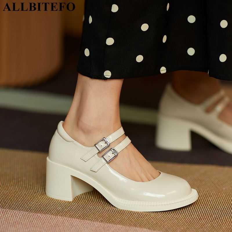 

ALLBITEFO fashion retro genuine leather brand high heels party women sheos women high heel shoes thick heels office ladies shoes 210611, As picture