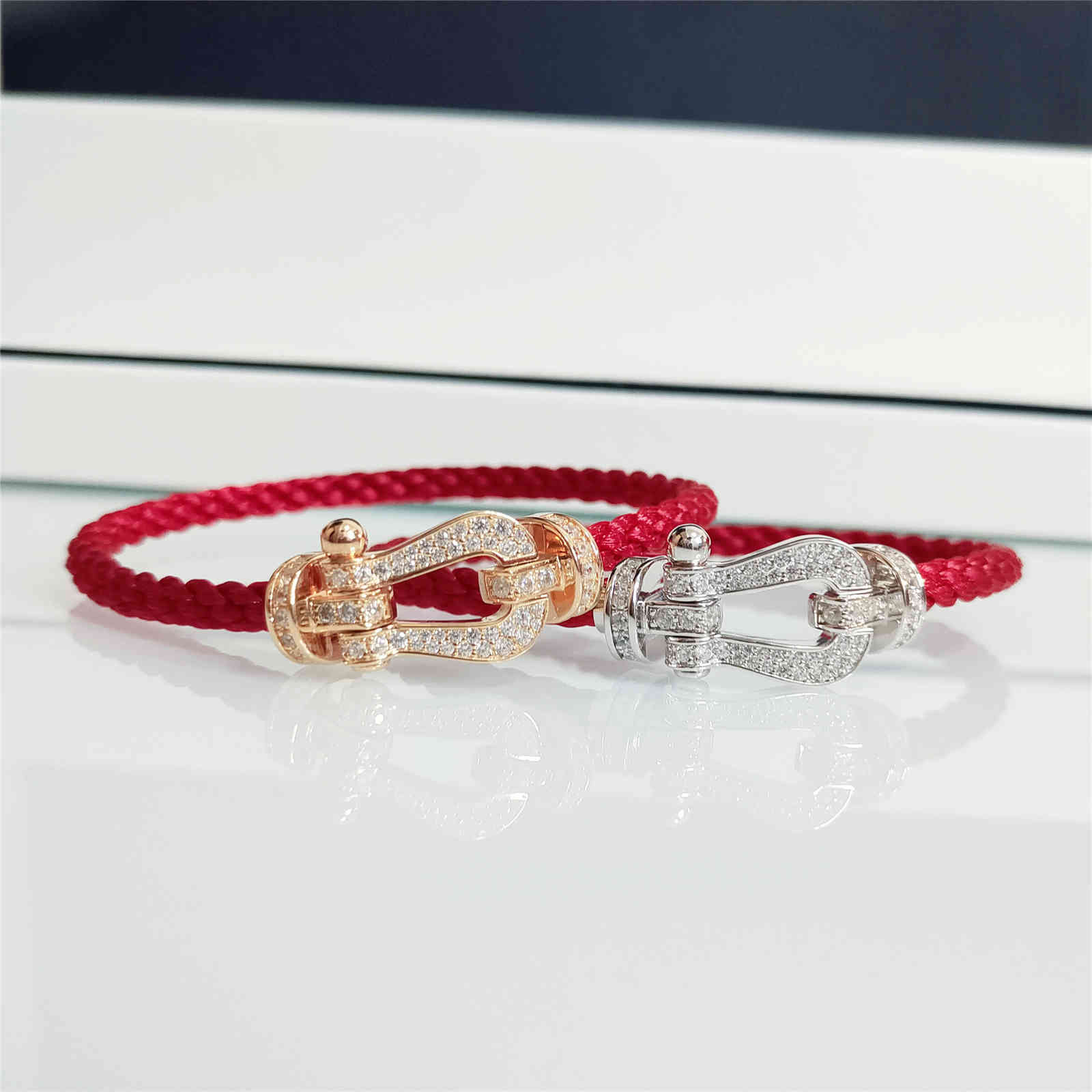 f Family 925 Sterling Silver Plated 18k Rose Gold Red Benmingnian Horseshoe Buckle Red Rope Bracelet-image-729745243