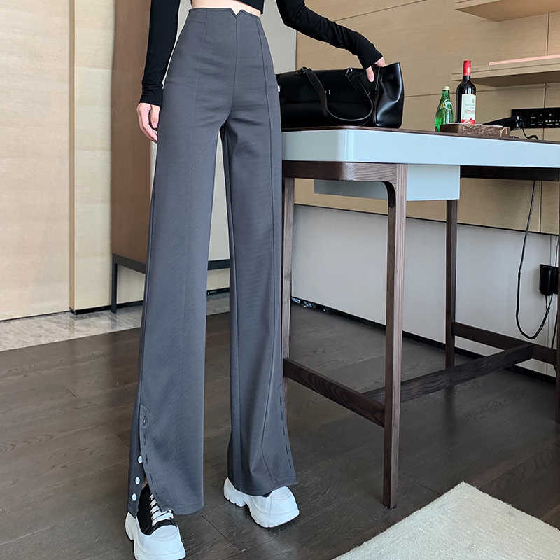 

Women' Pants Fashion Loose Trousers Straight Pants Long Length Female High Waist Casual Wide Leg Buttons Pants Gray Clothing 210604, Black