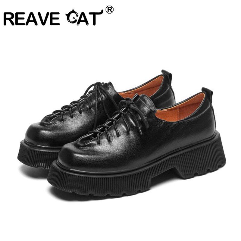 

Dress Shoes REAVE CAT 2021 Lace Up Platform Fashion Women Genuine Leather Spring Autumn Ladies Pumps Square Toe High Heels Size 34-39, Black