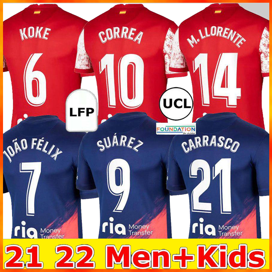 

21 22 Atletico Madrid Soccer Jerseys men kids kit home away SUAREZ JOO FLIX 2021 2022 M. Llorente CORREA KOKE Camisetas de ftbol LEMAR CARRASCO top quality, Home+sponsor