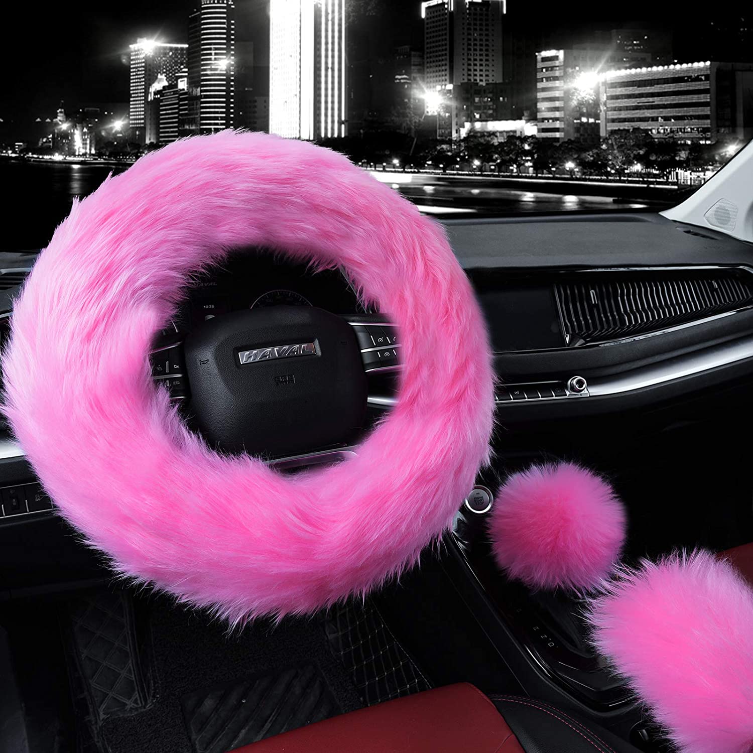 

3Pcs Fluffy Steering Wheel Cover Set Winter Warm Soft Fur for Women/Girls 15 Inch Universal