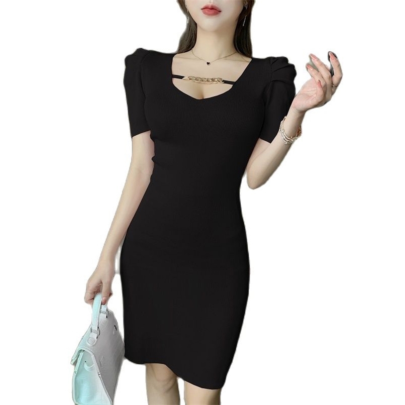 

Fashion Women's mini dress summer sexy v-neck chain slim fit hip knitted for women korean 210520, Red