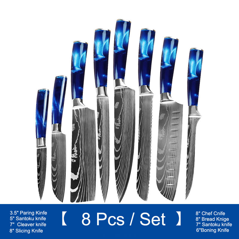 

8 piece/set kitchen chef's knife with resin handle Damascus pattern Japanese Meat Cleaver Slicing Utility Paring tools