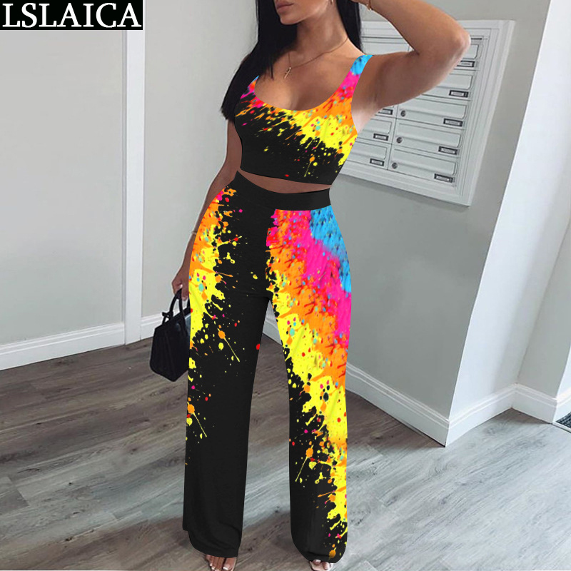 

Set Clothes For Women Tank Top&long Pant Print Elegant Tracksuit Fashion Casual Party Club Two Piece Sets Summer Plus Size 210520, Black