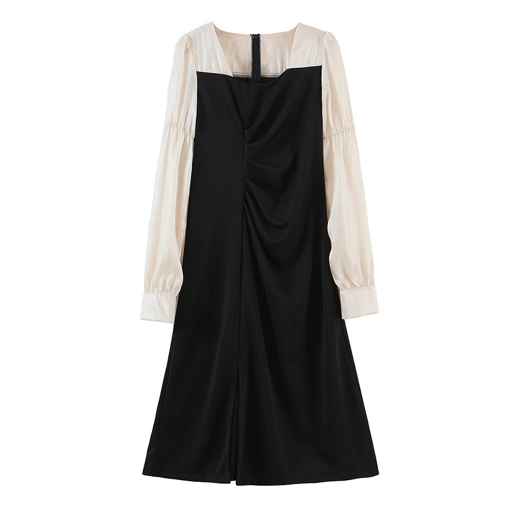 

BBWM Spring French Elegant Midi Dress Women Square Collor Puffer Sleeve Vintage Dress Female Sweet Party Dress 210520, Black