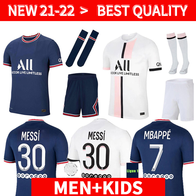 

adult + kids kit sets M E S S I MBAPPE 21 22 Soccer jerseys HAKIMI SERGIO RAMOS Maillots de football shirts 2021 2022 MARQUINHOS VERRATTI uniforms enfants maillot foot, 2122 away +patch