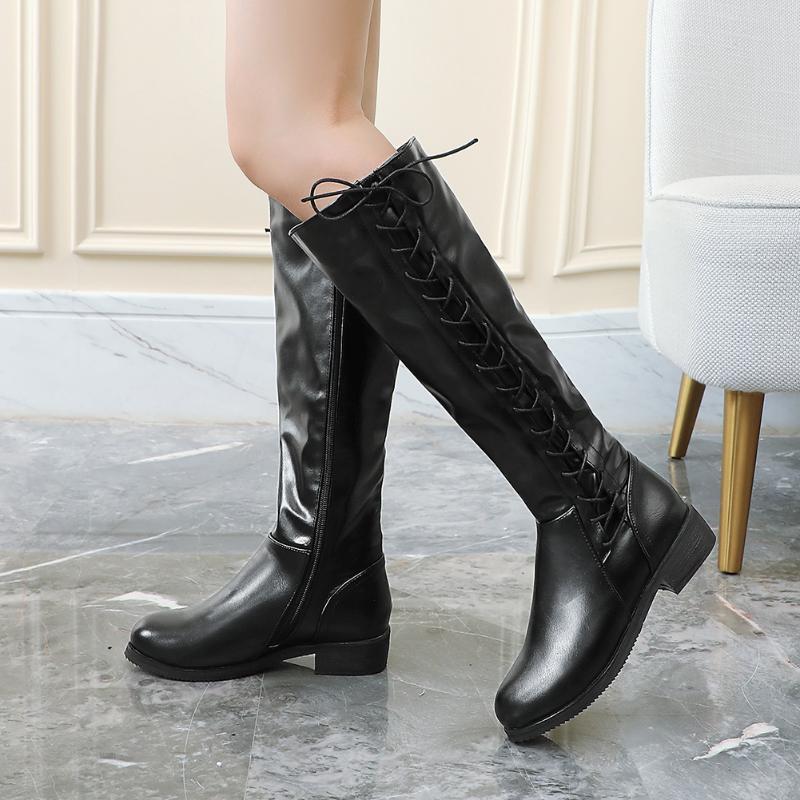 

Boots DORATASIA Plus Size 32-48 Ladies Chunky Heels Knee High Concise Women Round Toe Cross Tied Zip Shoes Woman GUQN, Bronze