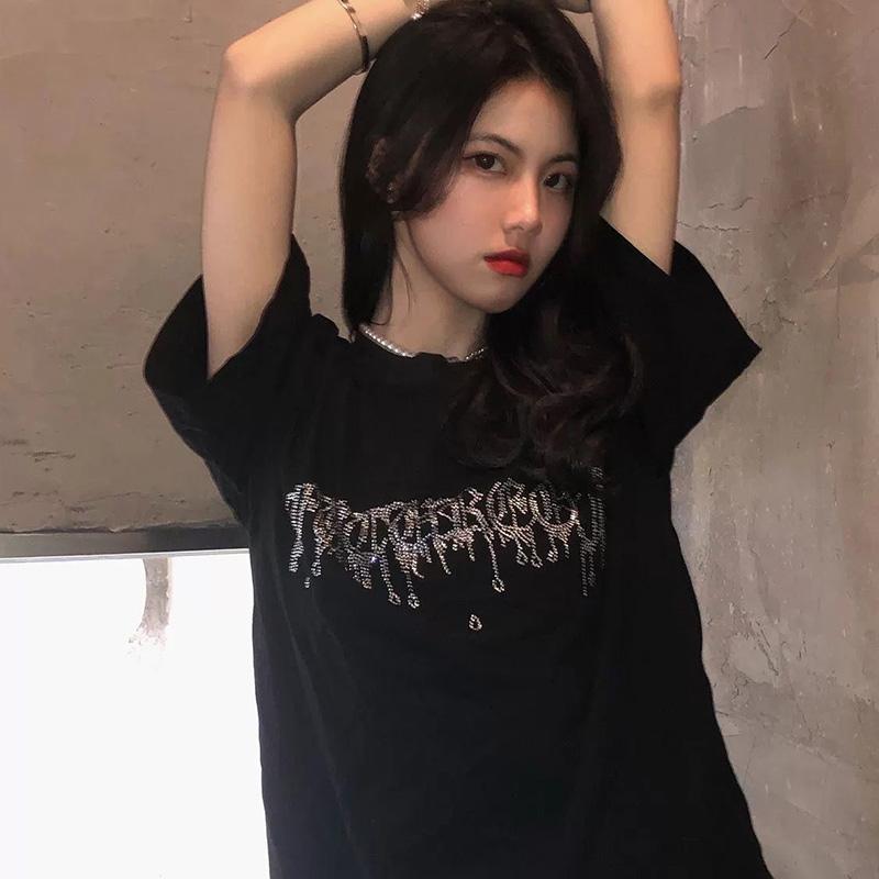 

Women's T-Shirt Rhinestone Harajuku Y2K Top Retro Korean Style Black Gothic Anime Print Clothes Plus Size Fairy Grunge