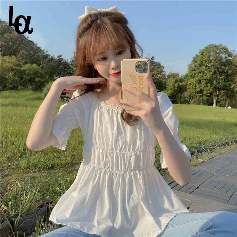 

Summer Elegant Feminina Puff Sleeve Tops Women Korean Purple Plested Design Square Collar Simple Basic Ladies Blusas 210519