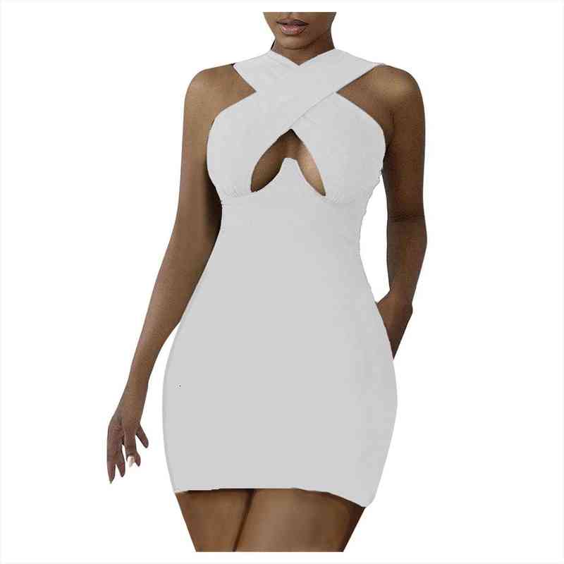 Sexy Pencil Fashion Sleeveless Solid Women Dresses Color Bandage Summer Casual Party Lady Hollow Out-image-710252343