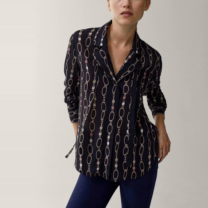 

Casual Spring Turn Down Collar Office Lady Shirts Women Long Sleeve Lace Up Printed Street wear Blouse NX9838 210525, Black