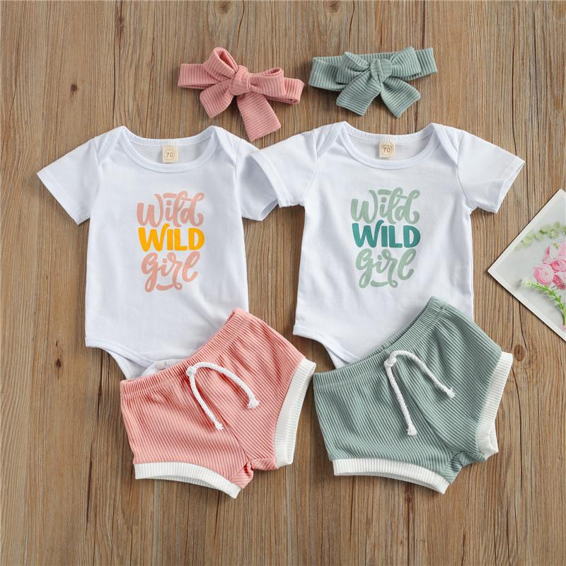 

Clothing Sets 0-18M Infant Girls 3pcs Summer Set Lettering Short Sleeve Romper Tops Ribbed Knit Shorts With Kerchief, White