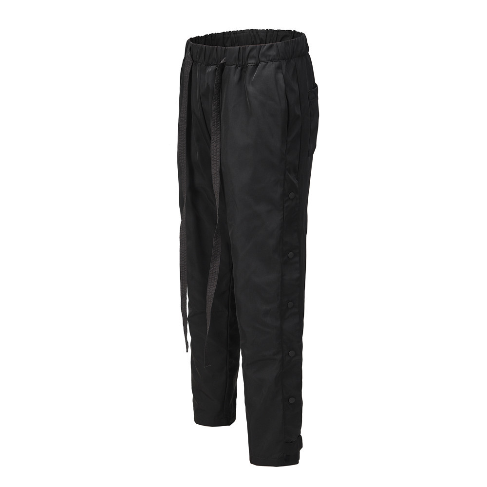 

Black Side Snap Nylon Pants Hip Hop Slim Fit Belted Waistband Track Pants Zipper Pockets