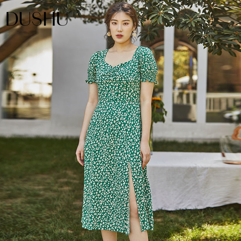 

dushu split floral print green long dress women ruffle summer boho plus size dress short sleeve slim vintage beach dress, Black;gray