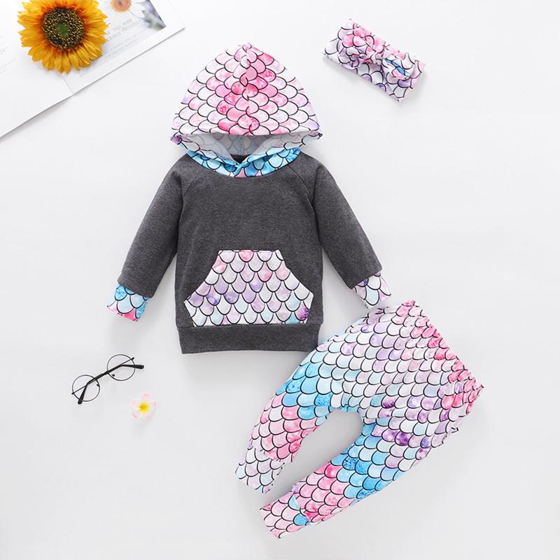 

Clothing Sets 2021 Born Baby Girl Clothes Infant Boys Hoodie The Scales Gradually Change Color Tops+Lacing Pants Set+Baby Headbands Outfits, White
