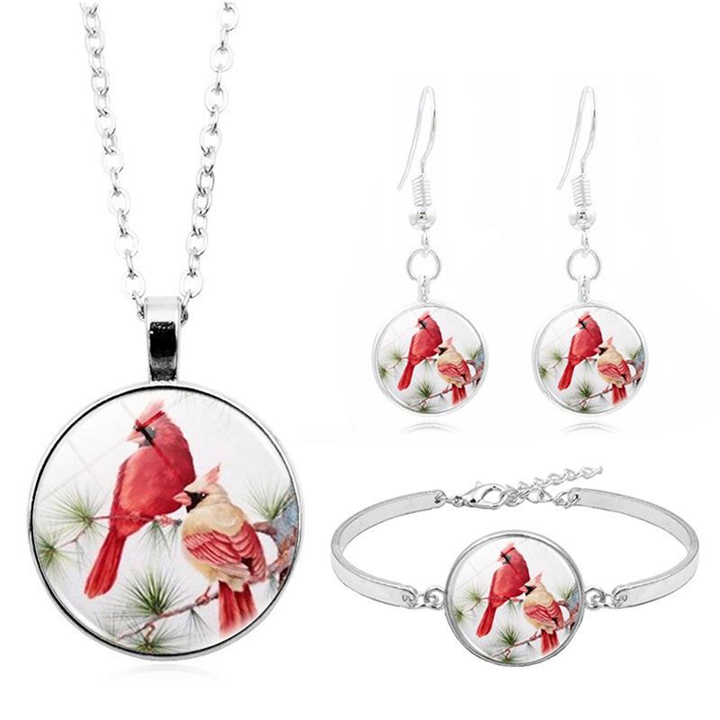 

Earrings & Necklace Fashion Women Jewelry Sets Cabochon Pendant Bracelet Set Cardinal Bird Time Stone For Ladies Party, As pic