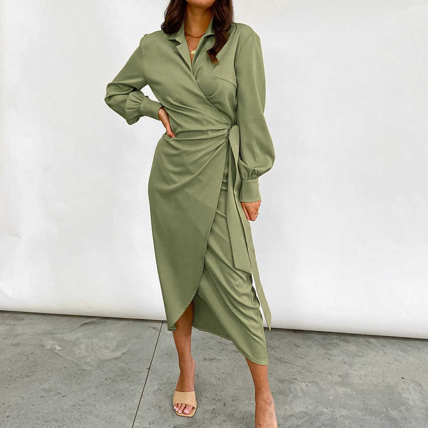 

Spring High-waisted Strappy French Solid Sexy V-neck Open Fork Long Sheath Turn-down Collar Dresses for Women 210615, Green