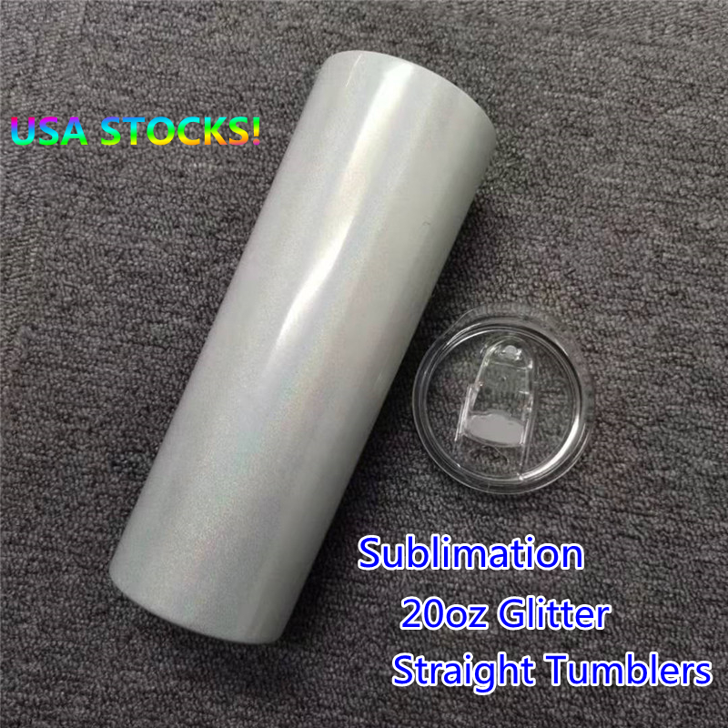 

LOCAL WAREHOUSE Sublimation Glitter Straight Skinny Tumblers 20oz Stainless Steel Double Walled Insulated Vacuum Blanks Rainbow Water Bottles Holographic Mugs, White glitter