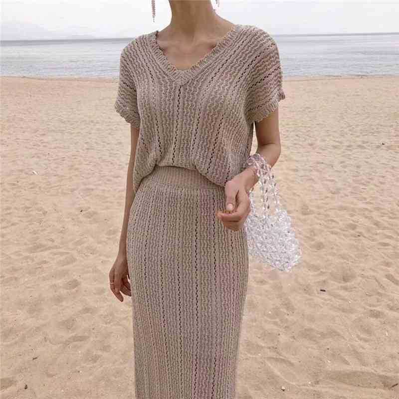 

Summer Thin Twist Skirt Knitted 2 piece set Women V-neck Short Sleeve Tops + Stretch Bodycon Long Skirts Sweater Set 210525, Picture color