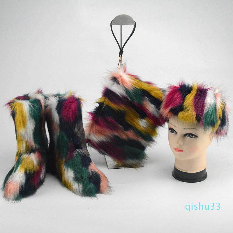 

Wholesae-Boots Winter Women's Faux Fur Snow Hand Bags Sets Girl's Fluffy Furry Cotton Shoes Ladies Headband Warm Plush Fashion, As shown