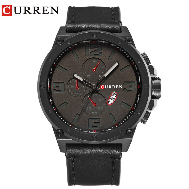 

CURREN Men Quartz Watch Men Large Dial Waterproof Leather Watches Male Military Sport Clock Relogio Masculino 210517, Black red
