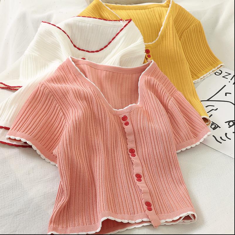 

women t shirts pink v neck short sleeve buttoned up flounce hem casual streetwear knitted tees for summer, White