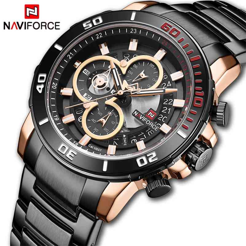 

NAVIFORCE Watches for Men Stainless Steel Band Quartz Top Luxury Brand Watch Chronograph Waterproof Male Clock Relogio Masculino 210517, Silver black