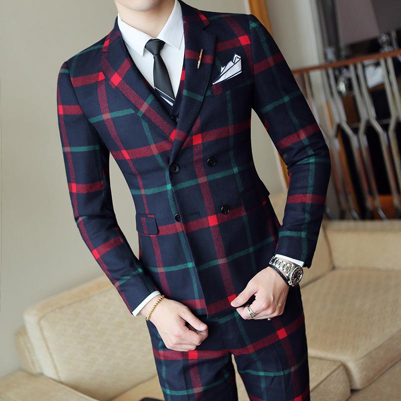 

Men' Suits & Blazers Plaid Wedding Suit 2021 Fashion Check Men Vintage Prom Banquet Slim Fit Double Breasted Jacket Vest Pant, Picture color
