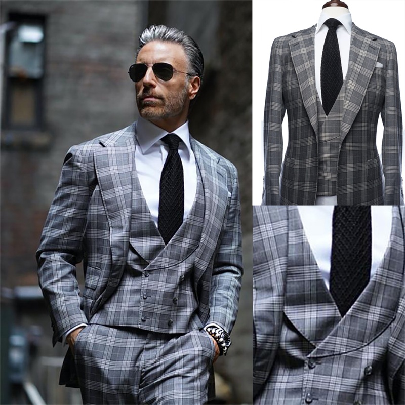 

Modern Design 3 Pieces Wedding Tuxedos Men Suit Grey British Plaid Wedding Tuxedos Customized Fit Party Suits Handsome Formal Coat Pant Vest, Beige