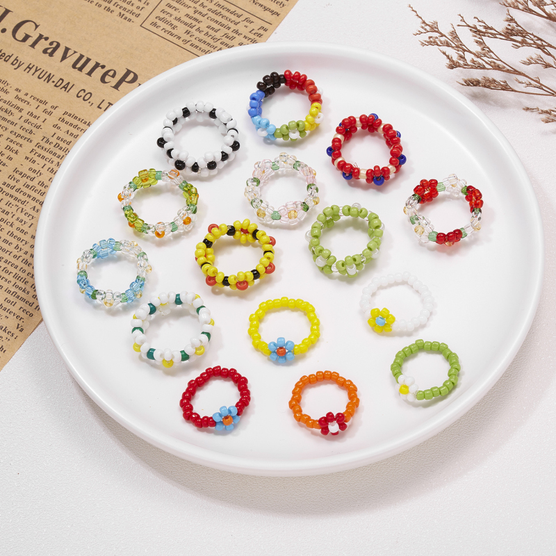 

Cool Handmade Woven INS Style Multicolor Flower Seedbeads Ring Jewelry for Gift