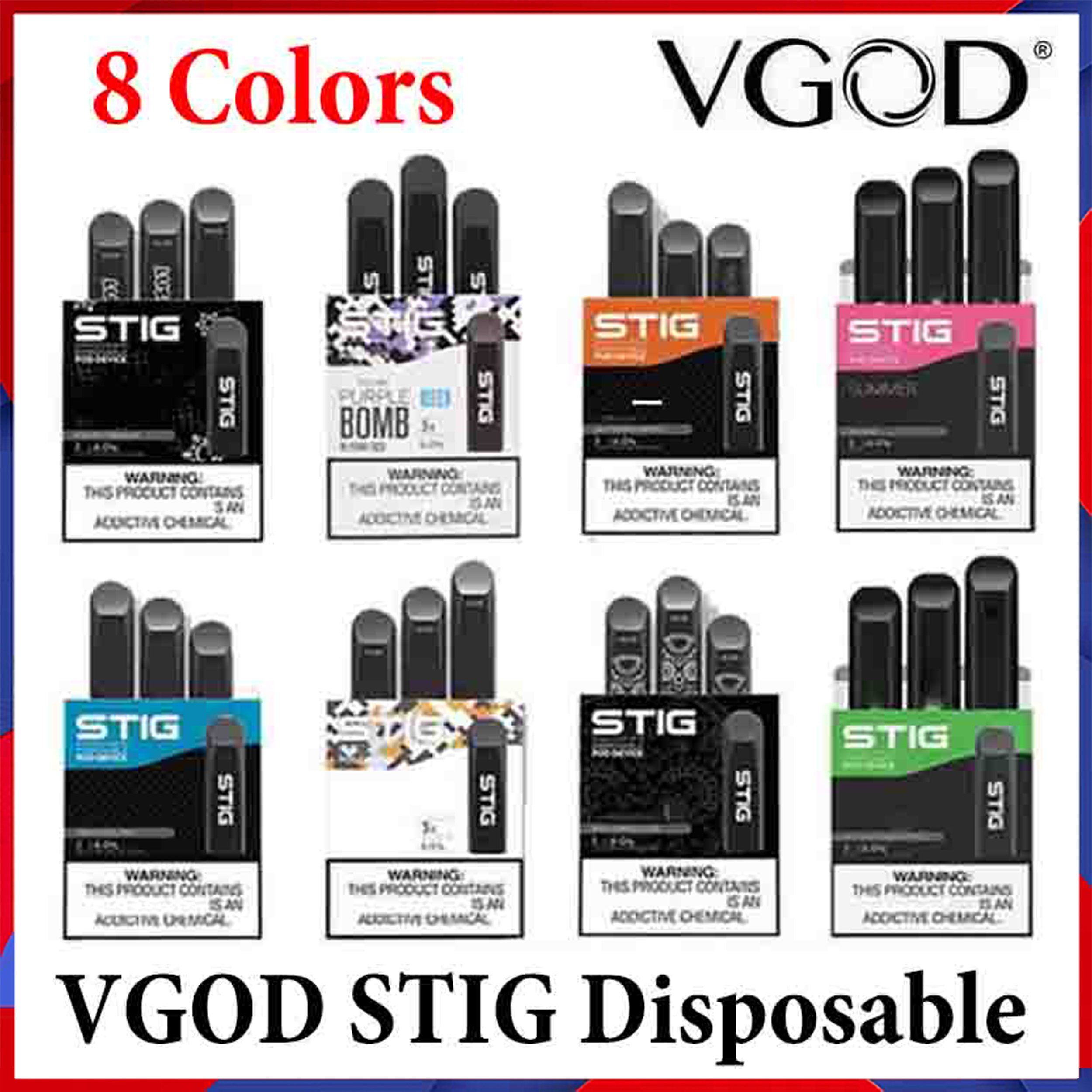 

100% Original VGOD STIG Disposable E Cigarettes 8 Colors Pre-filled Pod Device 3Pcs Pack 270mAh Battery 1.2ml Cartridge Vape Pen Kit