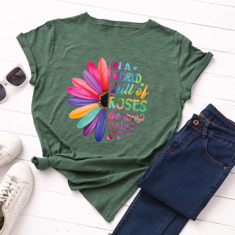 

Women' T-Shirt Women Short Sleeve Cotton T-Shirts Floral Flowers Graphic Tees Summer Tops In A World Full Of Roses Be Daisy Sunflower Flowe, Lx white