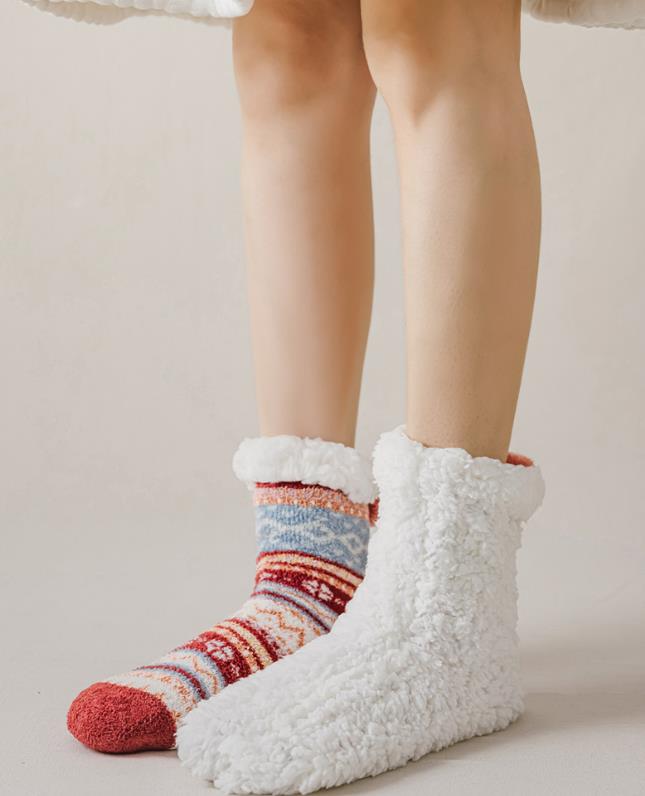 Pom Fleece Lined Crew Sock Women's Winter Knitted Thick Fuzzy Cozy Stockings Non-Slip Hosiery-image-736530328