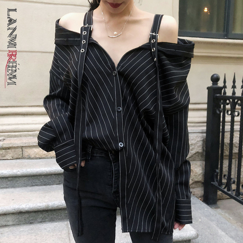 

LANMREM 2021 New Fashion Personality Black Strap Vertical Stripe Off-shoulder Long Sleeve Shirt Females Blouse Vestido YE22801