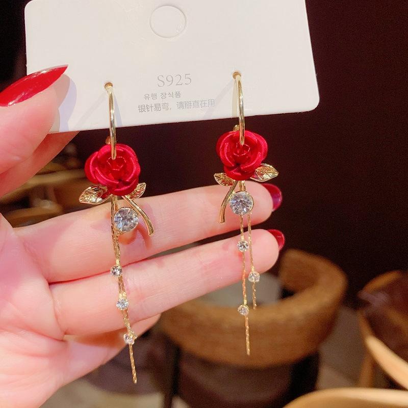

Dangle & Chandelier Elegant Noble Red Purple Rose Earrings Design Sense Exquisite Cute Eardrop Student Super Fairy Jewelry Gift All-matching, Silver