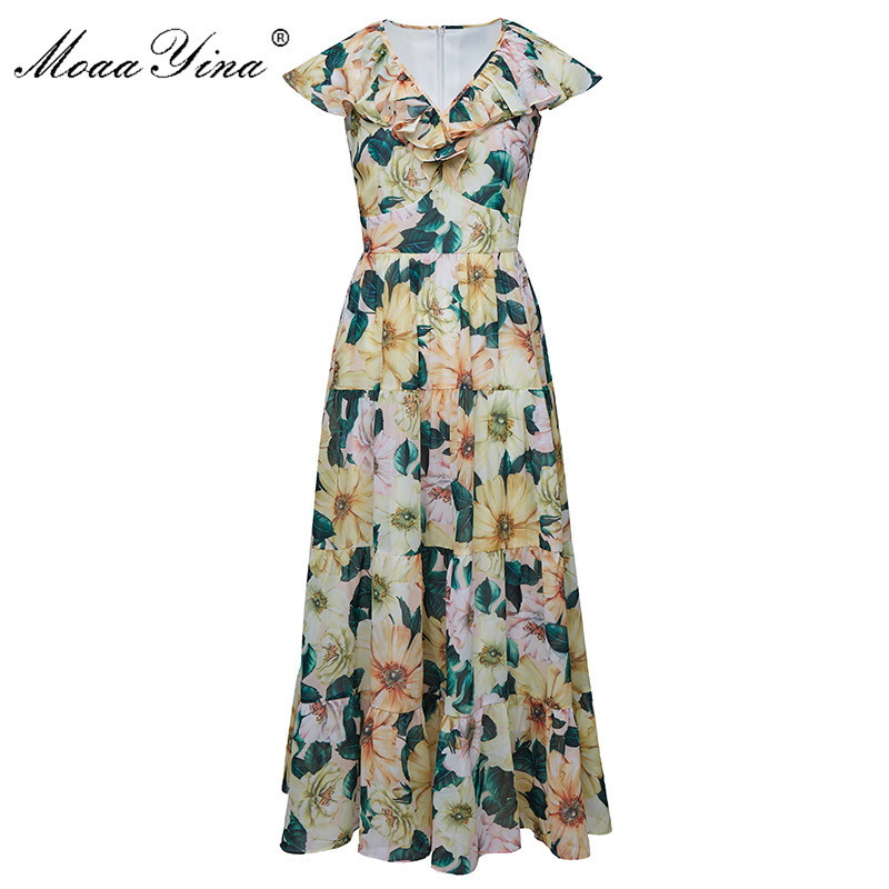 

Fashion Designer Female dress Summer Women's Dress V-neck Ruffles Camellia Floral-Print Vacation Dresses 210524, Yellow