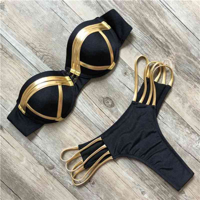 Mix Swimwear Gold Stamping Bikini Set With Steel-ringed Sexy Padded Women Swimsuit Push Up Bandeau Summer Beachwear Bathing Suit