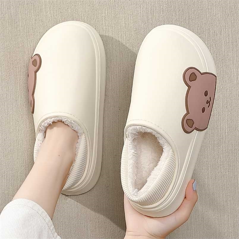 

Home Slippers Winter Women Thick Platform Waterproof Non-Slip Rubber Slippers Warm Indoor Fur Cotton Men Couples Ladies Cartoon Shoes, Creamy white 1128
