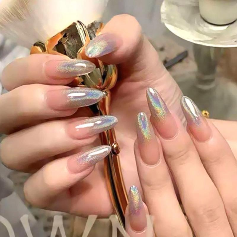 

False Nails 24pcs Detachable Aurora Almond Wearable Fake Full Cover Nail Tips, Red;gold
