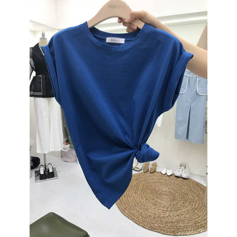 

Summer Sweet O Neck Sleeveless Solid Casual T-shirt Women's Top 210615, Blue