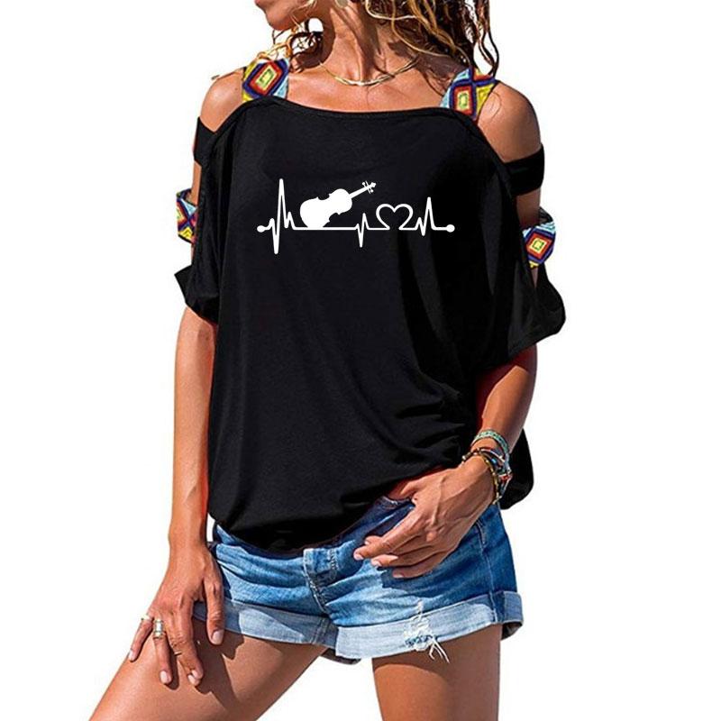 

Women' T-Shirt Violin Heartbeat Lifeline Print Fashion WoMen Cotton Short Sleeve T Shirt Sexy Hollow Out Shoulder Tee