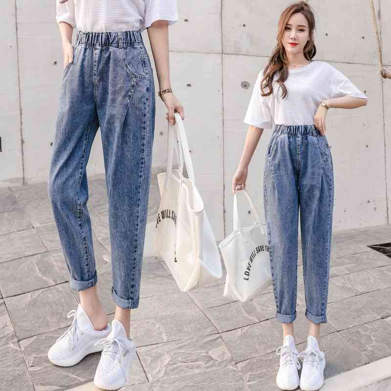 

High Waist Jeans Woman Plus Size Street Style Elastic Denim Pants Cotton Loose Coated Vintage Boyfriend Harem 210603, Blue